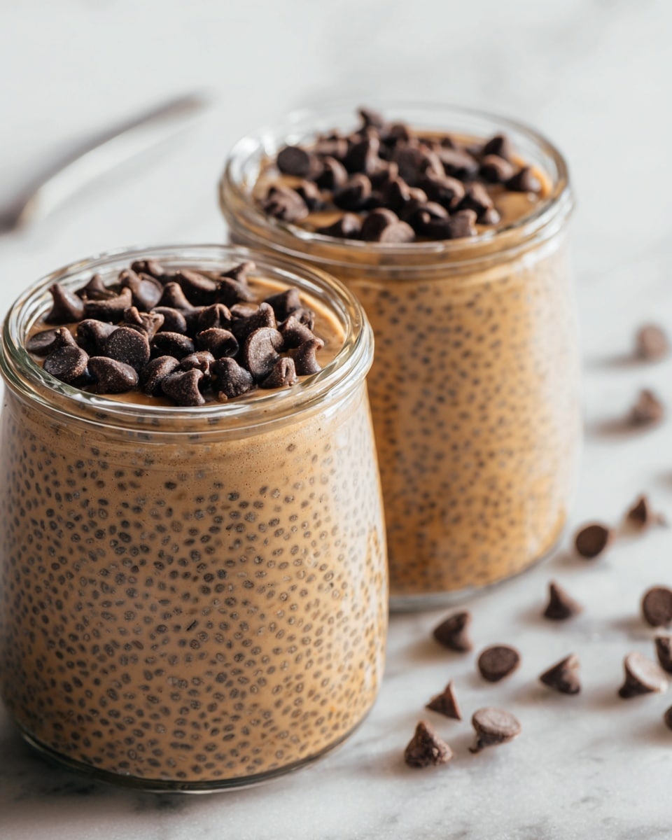 The image shows two clear glass jars filled with a creamy, light brown pudding that has small, visible black chia seeds evenly spread throughout the dessert, creating a speckled texture. Each jar is topped with a generous layer of small, shiny, dark chocolate chips that contrast with the lighter pudding below. The jars sit on a white marbled surface with some chocolate chips scattered around, and natural light coming from the right side highlights the smooth texture of the chia pudding and the glossiness of the chocolate chips. photo taken with an iphone --ar 4:5 --v 7