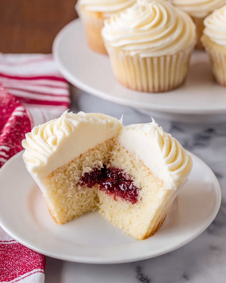 The image shows a white cupcake on a white plate with a thick swirl of smooth, creamy white frosting on top. In front of it, on another white plate, is a cupcake cut in half to show two inside layers: the soft, light yellow cake and a middle layer of dark red jelly. The frosting on top of the cut piece is thick and creamy white, matching the whole cupcake. Everything is placed on a white marbled surface with a red and white cloth visible on the left side. Photo taken with an iphone --ar 4:5 --v 7