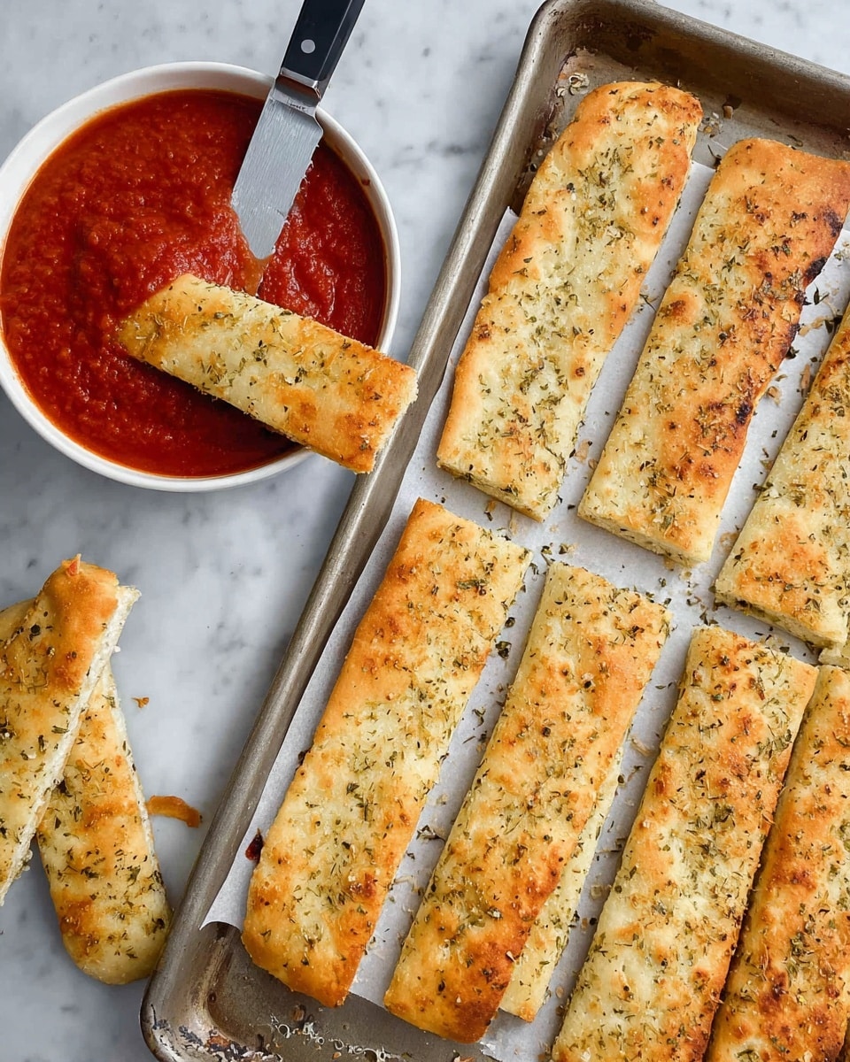The image shows golden brown breadsticks cut into long strips with a textured, slightly crispy top sprinkled with herbs and garlic bits. The breadsticks are on a metal baking tray that fills the right side of the image, with a black-handled knife laying on top. Several breadsticks are placed on a white marbled surface around the tray. A white bowl filled with thick, red marinara sauce is next to the tray, with one breadstick partially dipped into the sauce, held by a woman's hand. Photo taken with an iphone --ar 4:5 --v 7