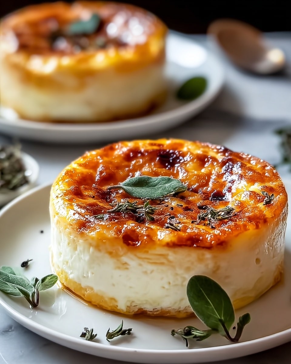 The image shows two round baked cheese tarts on white plates, each tart having three layers: a thin golden brown crust at the bottom, a thick white cheese layer in the middle with a slightly crumbly texture, and a top layer of melted cheese browned with golden and darker spots giving a shiny glaze. Each tart is garnished with small green fresh leaves scattered on top and sprinkled with tiny black herbs. The scene is set on a white marbled texture surface, with one tart clearly in the front and the other blurred behind it. photo taken with an iphone --ar 4:5 --v 7