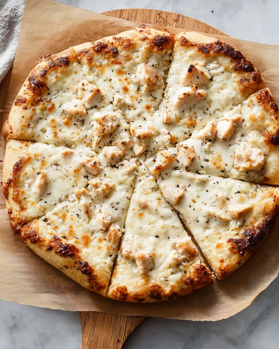 A close-up of three slices of white pizza on parchment paper over a white marbled surface, showing a crust with a slightly golden edge; the pizza has a thick layer of melted white cheese with bubbly, browned spots, and scattered pieces of cooked chicken with a light orange tinge; strands of melted cheese stretch between the slices, and black pepper is sprinkled across the top. photo taken with an iphone --ar 4:5 --v 7