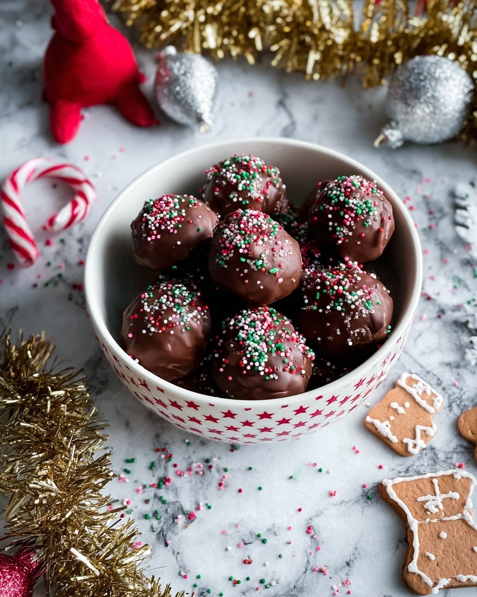 A white bowl with red star patterns is filled with round chocolate-covered balls, some decorated with green, white, and red small round sprinkles, and others with tiny gold star sprinkles and a golden shine. One ball is broken in half on top, showing a light tan, crumbly inside. The bowl sits on a white marbled surface with scattered colorful sprinkles. In the background, there is a coiled white ribbon with red patterns and red felt decorations along with a small candy cane, slightly blurred. photo taken with an iphone --ar 4:5 --v 7
