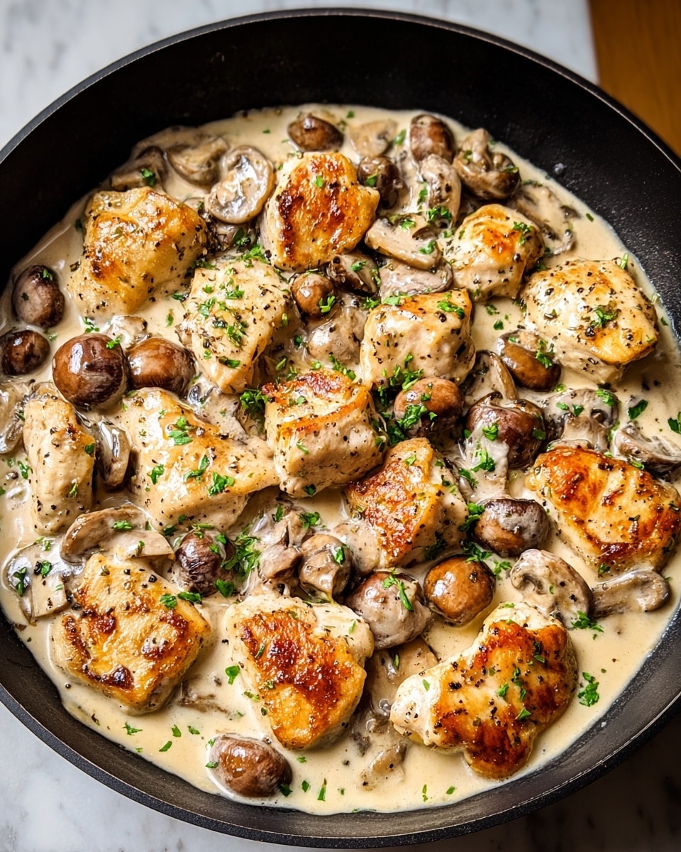 A black pan filled with cooked chicken pieces and sliced mushrooms in a creamy light beige sauce. The chicken pieces are golden brown on the top, showing a crispy texture with specks of black pepper, scattered evenly throughout the pan. The mushrooms are medium brown with a slightly glossy finish from the sauce, interspersed between the chicken chunks. Finely chopped green herbs are sprinkled over the dish, adding a fresh contrast of color. The pan sits on a white marbled surface. photo taken with an iphone --ar 4:5 --v 7