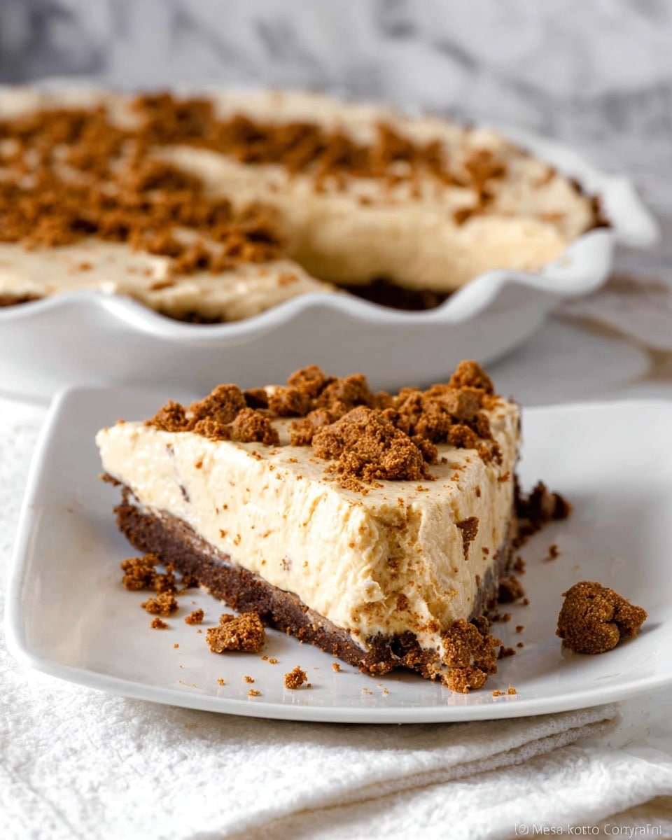 A white scalloped edge dish filled with one thick layer of creamy light beige mousse or pudding, evenly spread with a smooth yet slightly textured surface, topped with scattered crumbled golden brown cookie pieces adding a crunchy texture contrast. The dish sits on a white marbled texture background. Photo taken with an iphone --ar 4:5 --v 7