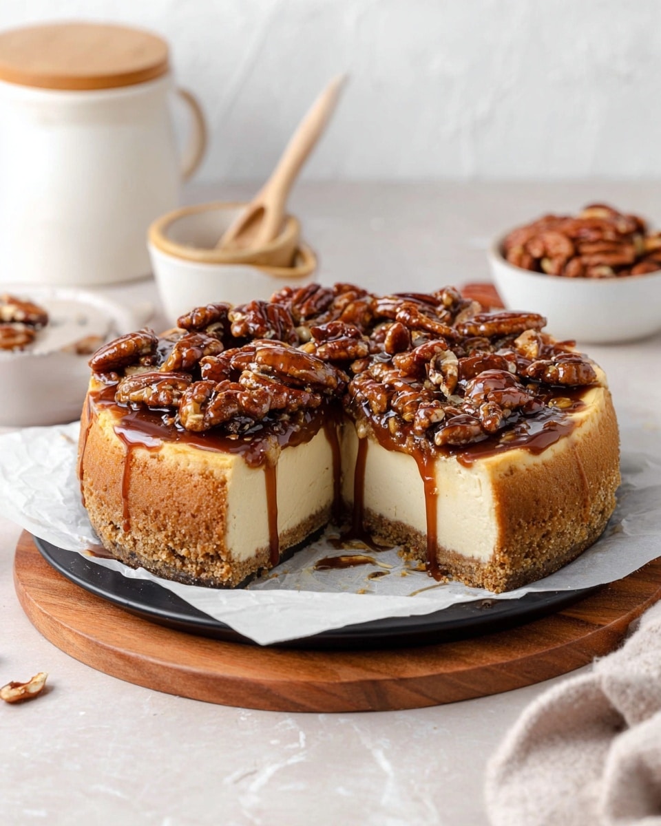 A round cheesecake cut to show three layers: the bottom layer is a thick golden-brown crumb crust, the middle layer is a creamy beige cheesecake, and the top layer is a glossy, rich dark caramel sauce loaded with shiny, whole pecans. The cake sits on a black round tray placed on white parchment paper over a wooden board. In the background, there is a white container with a wooden lid, a white pitcher, and a small white bowl filled with pecans, all set on a white marbled texture surface. photo taken with an iphone --ar 4:5 --v 7