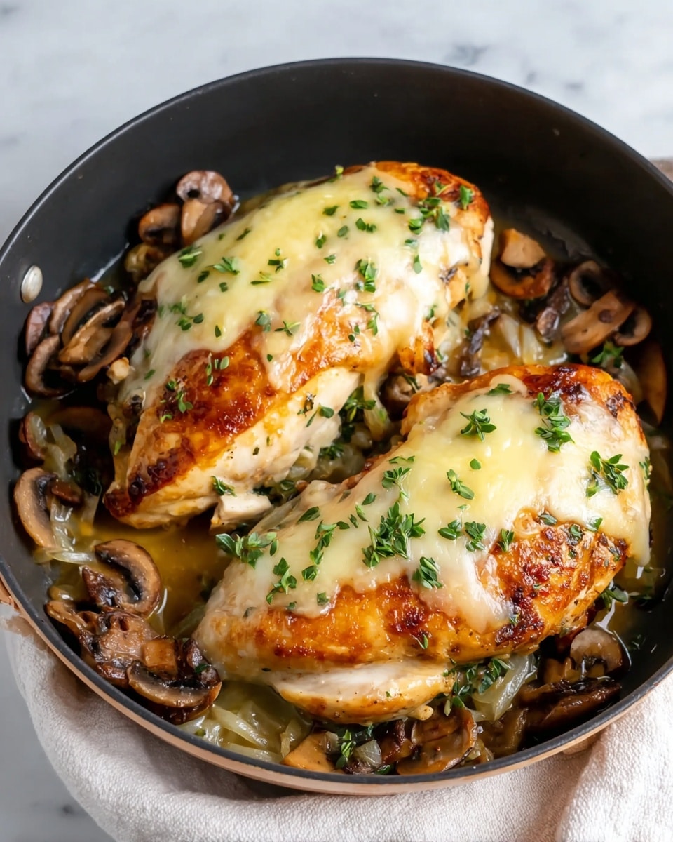 Two cooked chicken breasts with golden brown, crispy skin sit in a black pan on a white marbled surface. Each chicken breast is topped with melted light yellow cheese that slightly drips over the edges. There are sliced brown mushrooms and green herbs scattered around and beneath the chicken, with some light brown cooked onions visible at the base. The pan is resting on a white cloth. photo taken with an iphone --ar 4:5 --v 7