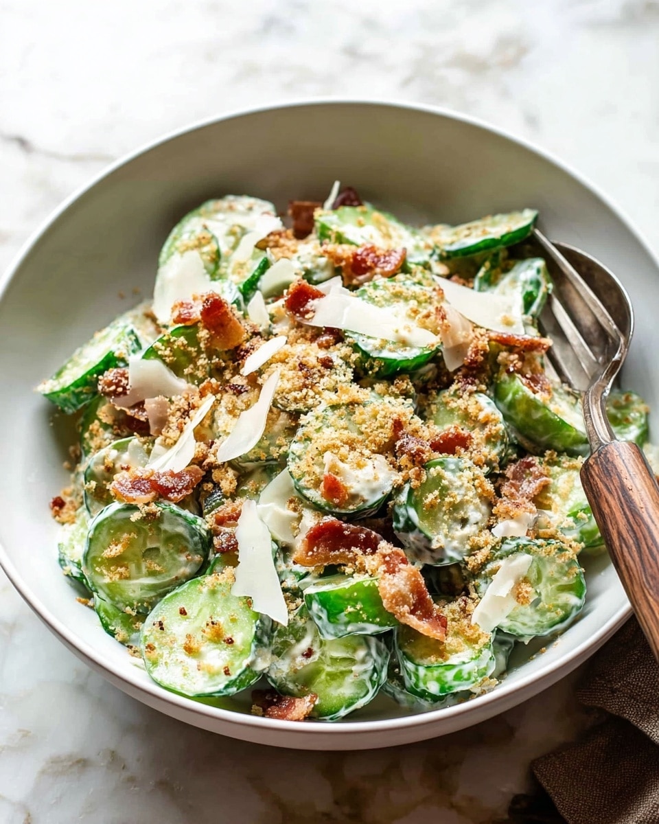 A white bowl holds a cucumber salad made of thick, green, glossy cucumber slices mixed with a creamy white dressing. The salad is topped with light brown breadcrumbs scattered all over, thin flat white cheese shavings, and small crunchy pieces of cooked bacon in reddish-brown color. A metal fork with a wooden handle rests inside the bowl on the right side. The bowl sits on a white marbled surface with soft natural lighting highlighting the fresh and textured ingredients. Photo taken with an iphone --ar 4:5 --v 7