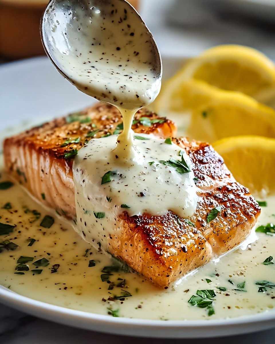 A white plate holds a thick, golden-brown grilled salmon fillet with visible sear marks; creamy white sauce speckled with black pepper and chopped green herbs is being poured over the top from a spoon above the fish. Behind the salmon, bright yellow lemon wedges add a pop of color. The salmon sits in a pool of the same sauce on the plate, with more green herbs sprinkled around, all set on a white marbled surface. Photo taken with an iphone --ar 4:5 --v 7