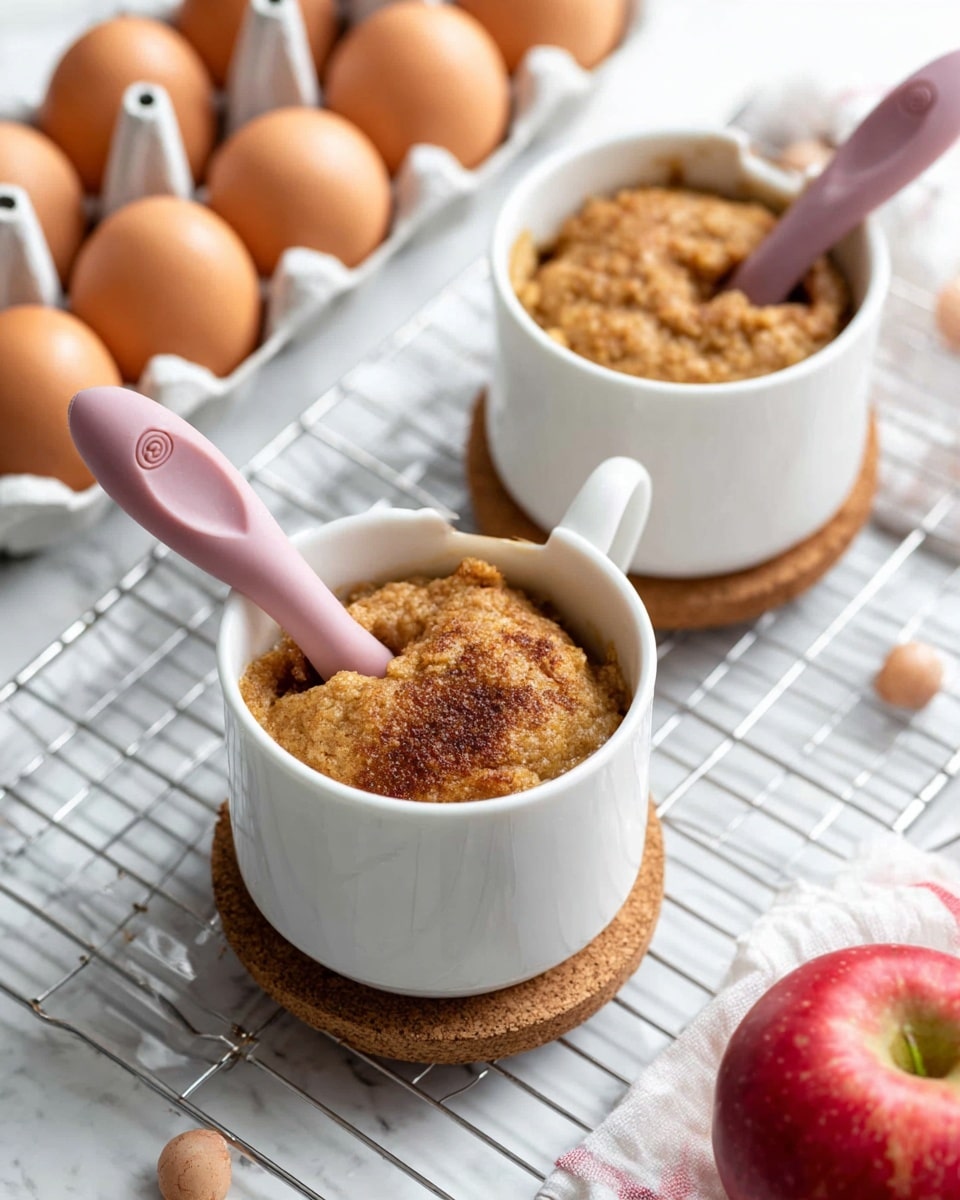 Two white mugs sit on round cork coasters with baked oatmeal inside, filling each mug almost to the top with a golden-brown, slightly cracked texture. Each mug has a pink spoon resting on the oatmeal's surface, showing soft matte finish and a rounded scoop. The mugs are placed on a metal cooling rack over a white marbled texture. In the background, there is a carton of white eggs with ten visible eggs standing upright, and a red apple with a shiny surface is near the mugs on the lower right side. Photo taken with an iphone --ar 4:5 --v 7