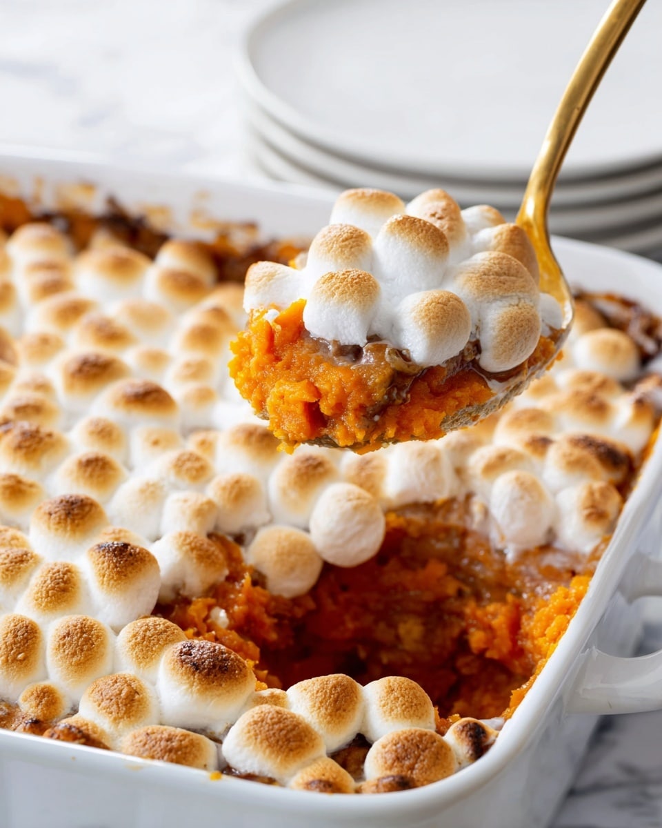 A white baking dish filled with a sweet potato casserole topped with a thick layer of toasted mini marshmallows, which are golden brown and slightly crispy on top. When a spoon lifts a scoop from the middle, it reveals the soft, bright orange sweet potato layer beneath, textured and slightly chunky. The golden spoon is partially immersed in the dish, adding contrast to the warm colors of the casserole. The dish is set against a white marbled surface with a white plate blurred in the background. Photo taken with an iphone --ar 4:5 --v 7