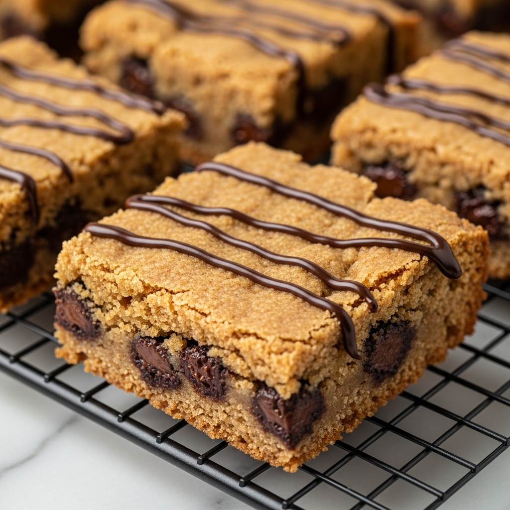 The image shows a close-up of thick square blondies with a light brown, crumbly surface packed with dark chocolate chunks inside, creating a rich, textured look. The top of each square is decorated with smooth, glossy three thin lines of dark chocolate drizzled across, adding a shiny contrast to the matte blondie. The blondies are cooling on a black wire rack against a white marbled background, enhancing the warm tones of the dessert. Photo taken with an iphone --ar 4:5 --v 7