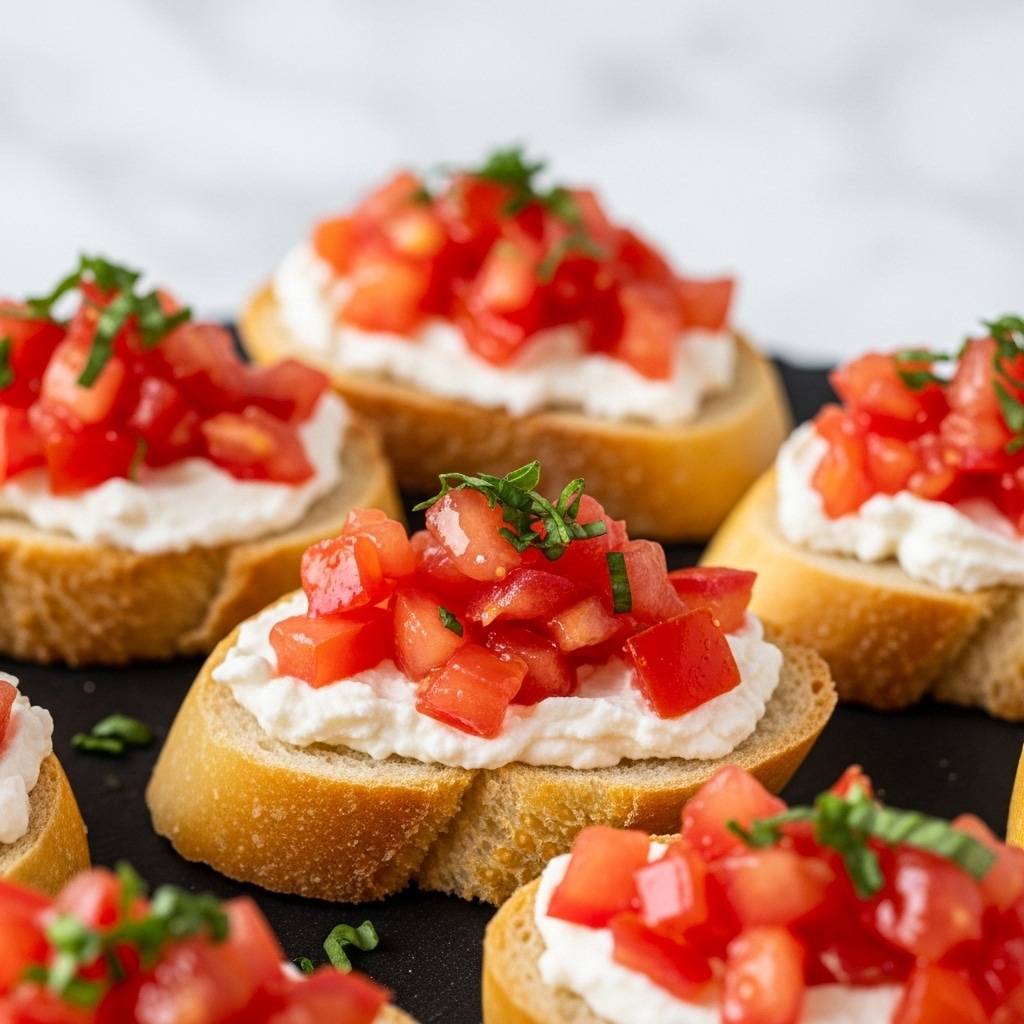 The image shows several small slices of toasted bread, each topped with three layers: a bottom layer of light golden toasted bread, a middle layer of smooth white cream cheese spread, and a top layer of bright red diced tomatoes scattered unevenly, garnished with small green herbs spread over the surface. The pieces are arranged closely together on a dark surface set against a white marbled background, with soft natural lighting highlighting the fresh textures of the toppings. photo taken with an iphone --ar 4:5 --v 7
