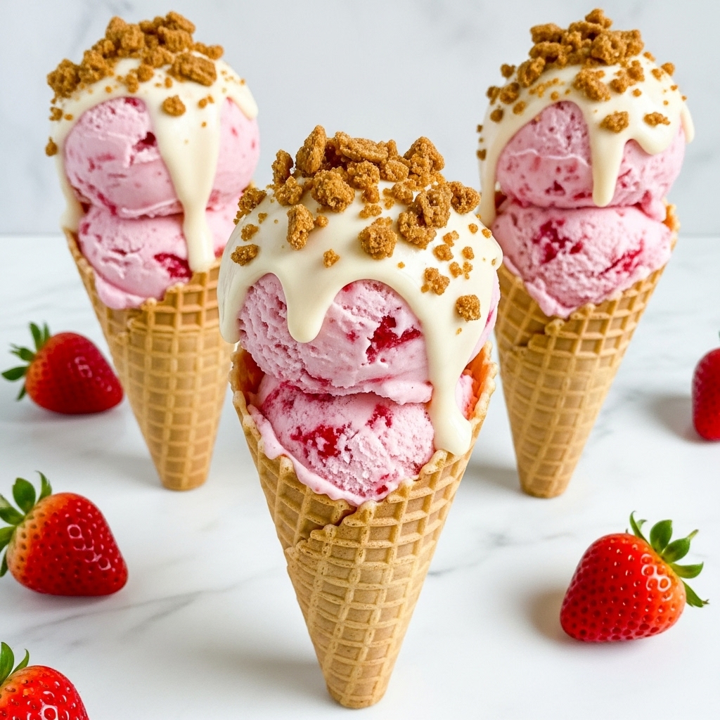 The image shows three ice cream cones filled with two scoops of strawberry ice cream, which is light pink with visible chunks of red strawberries. The ice cream is topped with a thick layer of creamy white sauce that slowly drips down the sides. On top of the sauce, there is a generous sprinkle of crumbled brown crunchy granola. The cones are light brown with a classic waffle texture and are arranged upright on a white marbled surface, with fresh whole strawberries scattered around them for decoration. Photo taken with an iphone --ar 4:5 --v 7