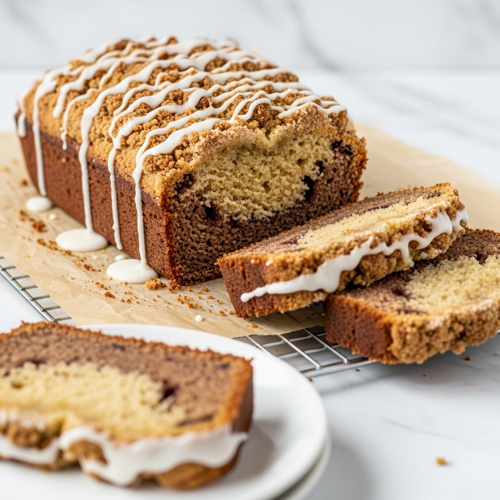 A loaf of crumb cake is shown on a piece of parchment paper over a wire cooling rack. The cake has two visible layers: a dense, light brown crumb cake base with small dark spots inside, and a crumbly, golden brown streusel topping generously covering the top. A white glaze is drizzled unevenly over the streusel layer, dripping slightly down the sides. Two slices are cut and lie in front of the loaf, showing the same layered texture. In the foreground, there is a white plate with a single thick slice of the crumb cake on it, slightly blurred. The background is a white marbled surface. Photo taken with an iphone --ar 4:5 --v 7