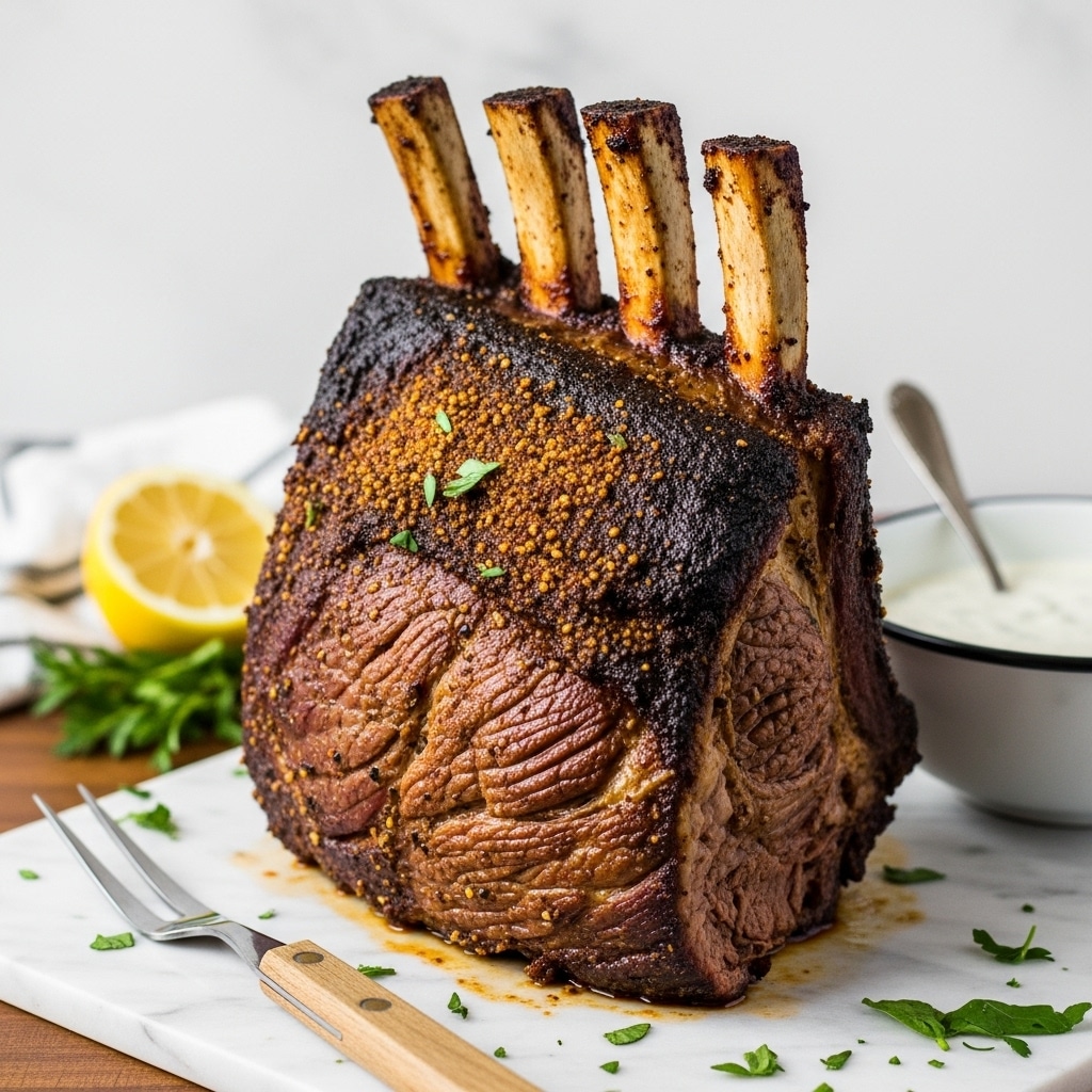 A large piece of roasted meat with four visible bones sticking out at the top, showing a dark brown, slightly charred crust on the edges and a juicy, textured, golden-brown inside, sits upright on a wooden board. The meat rests on a white marbled surface with some fresh green herbs scattered around and a halved yellow lemon in the background. Near the meat, a fork with a wooden handle lies flat, and a white bowl with a dark rim filled with a white sauce is partially visible on the right side. photo taken with an iphone --ar 4:5 --v 7