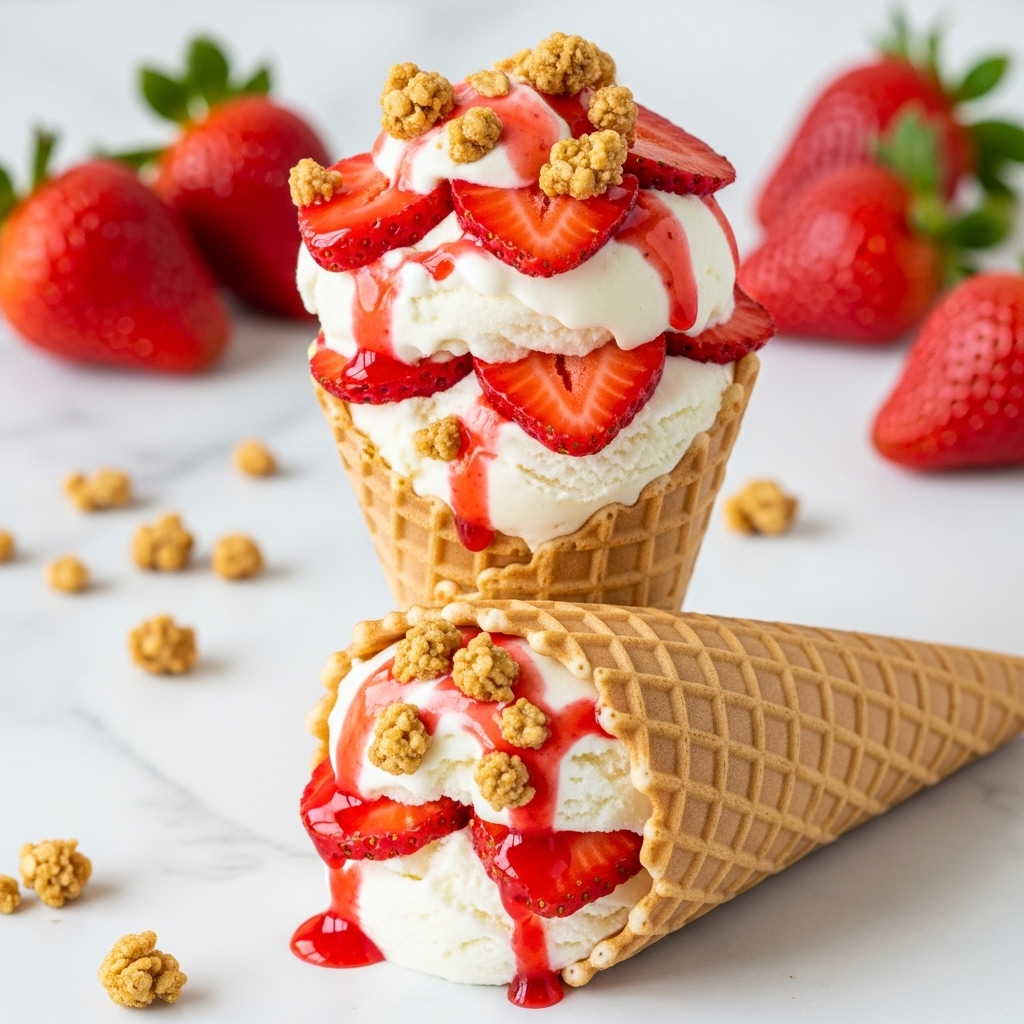 Two stacked waffle cones filled with creamy white ice cream layered with bright red strawberry slices. The ice cream layers are swirled with glossy strawberry sauce and topped with small golden-brown crunchy granola pieces. Fresh strawberries with green tops are blurred in the background on a white marbled texture, with scattered crumbs around the cones. photo taken with an iphone --ar 4:5 --v 7
