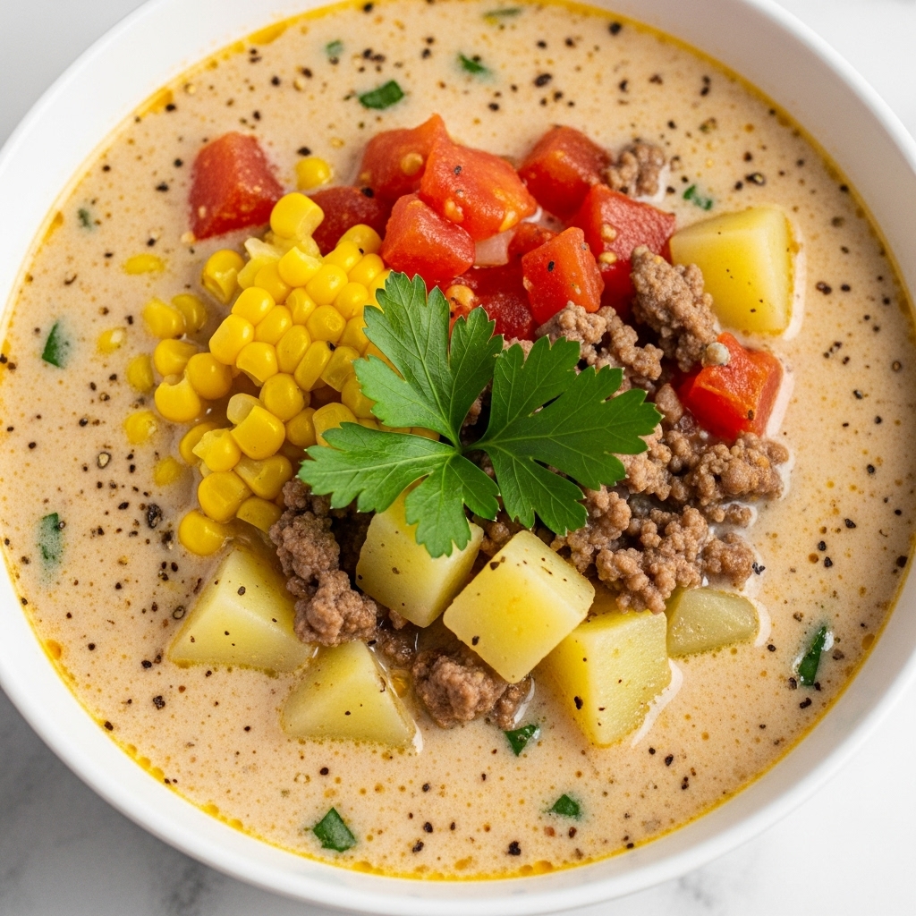 A close-up view of a bowl filled with creamy soup showing three main layers: a base broth that is light beige and smooth with small specks of black pepper and herbs; mixed ingredients floating on top, including chunks of yellow corn, red tomato pieces, diced pale yellow potatoes, and browned ground beef; and fresh green parsley leaves placed in the center as garnish. The bowl is white and placed on a white marbled surface. photo taken with an iphone --ar 4:5 --v 7
