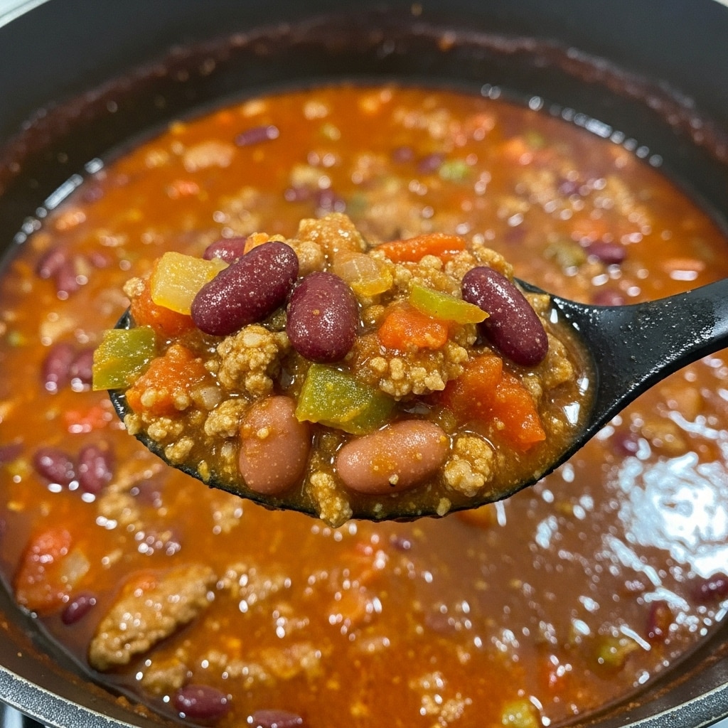 A close-up of a black spoon full of thick chili showing a mix of reddish-brown kidney beans, ground meat, and chunky tomato sauce with bits of onion and green pepper, all in a rich, saucy texture. The background shows a large dark pot filled with more chili simmering, with a shiny, oily surface and chunks of meat and beans visible. The image captures the hearty, dense layers of the dish, emphasizing the wet and chunky textures. Photo taken with an iphone --ar 4:5 --v 7