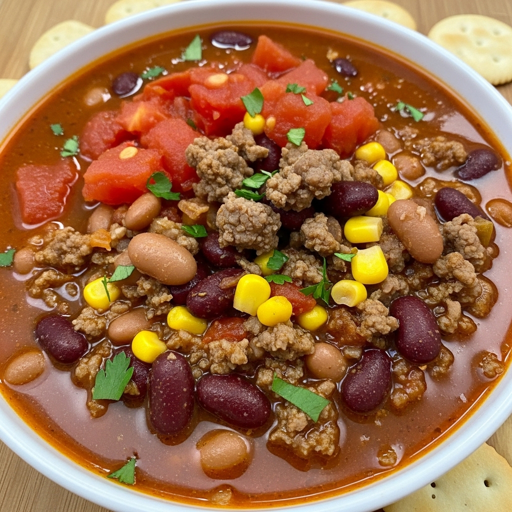 A white bowl filled with a thick chili stew that has multiple layers of color and texture. The top layer shows bright red tomato chunks and dark red kidney beans, scattered with small pieces of cooked ground beef and golden yellow corn. There are light brown beans mixed throughout and bits of green herbs spread on the surface. The chili looks rich and slightly oily, with the broth having a deep reddish-brown color. The bowl is placed on a wooden surface, with some pale crackers around it. Photo taken with an iphone --ar 4:5 --v 7