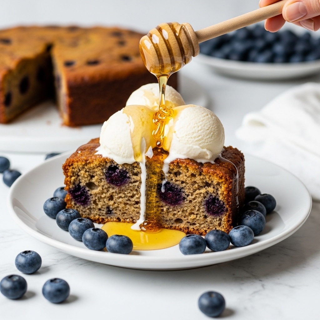 A white plate holds a slice of thick cake with a dense, crumbly texture, showing a dark, speckled inside and a light golden-brown top. It's drizzled with glossy golden honey that pools slightly on the plate and topped with small scoops of creamy white ice cream melting gently over the slice. Around the plate, fresh blueberries add a pop of blue color, resting on a white marbled surface. A woman's hand is pouring more honey from a wooden honey dipper onto the cake, adding shine and sweetness. photo taken with an iphone --ar 4:5 --v 7
