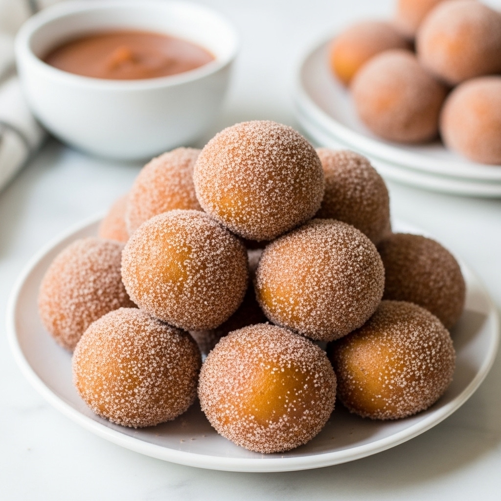A white plate stacked with about ten small, golden brown, round doughnut holes covered with a light layer of cinnamon sugar, making the texture look soft and slightly grainy; in the blurred background, there is a small white bowl filled with a smooth brown sauce and a white plate with more doughnut holes; the scene is set on a white marbled surface with soft natural light. photo taken with an iphone --ar 4:5 --v 7