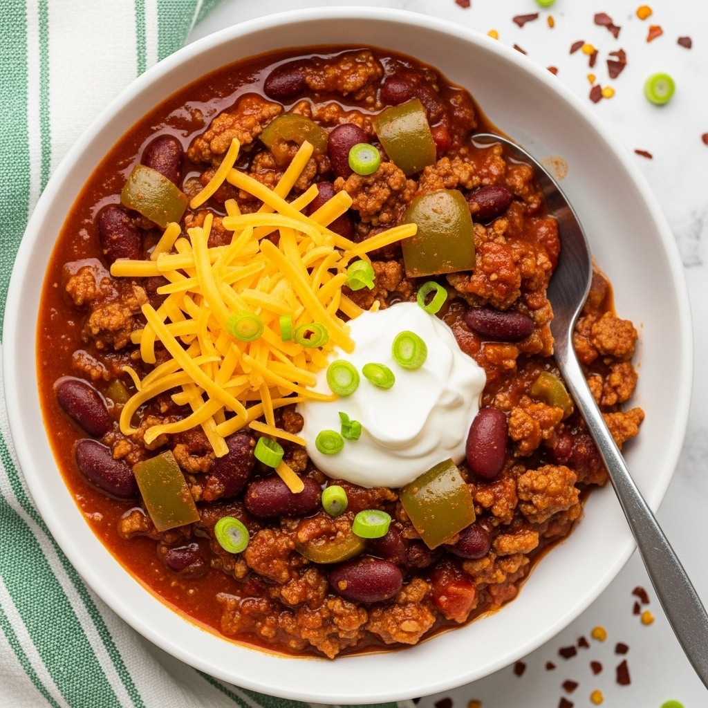 A white bowl filled with thick chili containing brown cooked ground meat, dark red kidney beans, and chunks of green peppers in a rich red sauce. The chili is topped with bright yellow shredded cheddar cheese on one side and a dollop of white sour cream on another, with small green chopped scallions scattered on top. A silver spoon rests inside the bowl on the right edge. The bowl sits on a white marbled surface with some red chili flakes scattered around and a green and white striped cloth nearby. photo taken with an iphone --ar 4:5 --v 7
