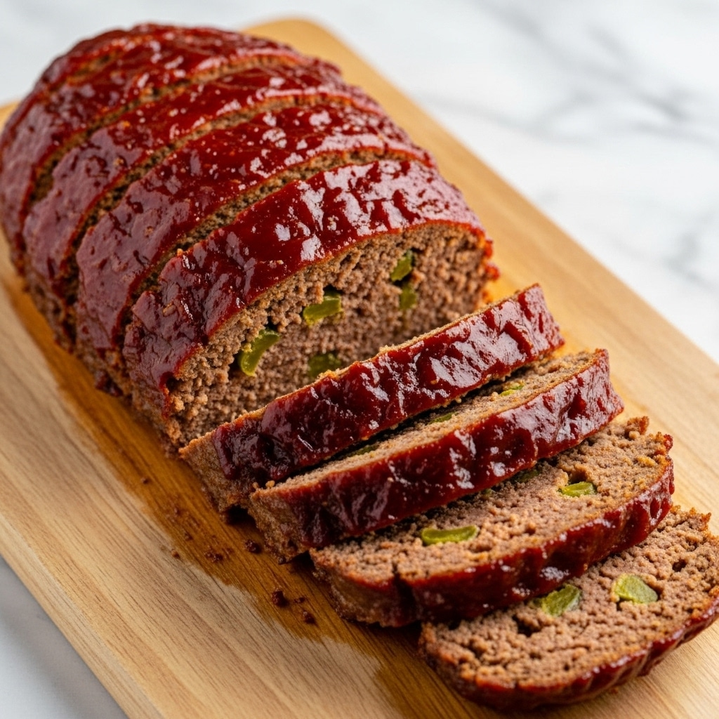 A thick, oval-shaped meatloaf sliced into seven even pieces rests on a wooden cutting board, each slice showing a moist, dark brown interior with bits of green pepper inside, all topped with a shiny, rich reddish-brown glaze that looks sticky and slightly textured with small groove marks, the glaze fully covering the top and sides of the meatloaf. The cutting board is placed on a white marbled surface. photo taken with an iphone --ar 4:5 --v 7