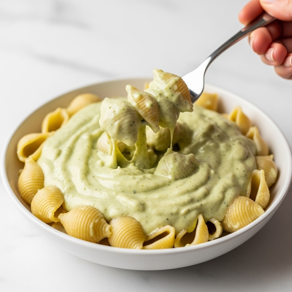 The image shows a close-up of small, textured pasta shells covered in a thick, creamy pale green sauce. The pasta layer is a light yellow with ribbed detailing, sitting under a smooth and slightly speckled sauce that coats the shells fully, pooling slightly at the bottom. A silver fork held by a woman's hand is lifting some pasta coated in the same sauce, making the textures and creaminess stand out. The food is in a white bowl placed on a white marbled surface. photo taken with an iphone --ar 4:5 --v 7