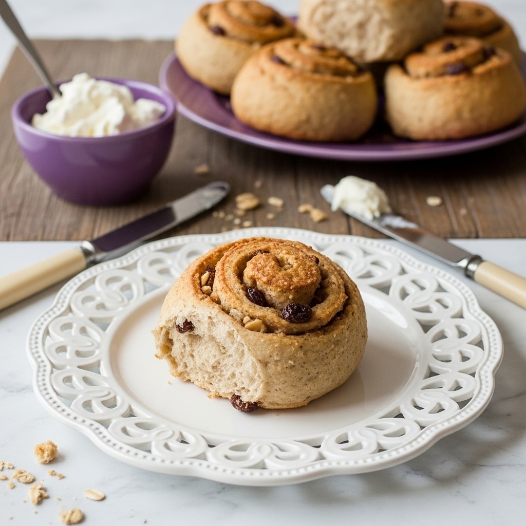A single golden-brown roll with a rough, soft texture is placed in the center of a white decorative plate with scalloped edges. The roll shows visible swirls and pieces of nuts or raisins inside. In the background, more rolls rest on a purple plate, and a small purple bowl filled with white butter is to the left. There are two knives on the rustic wooden surface, one on each side of the plate, with some crumbs scattered around. The overall setting is on a white marbled texture. Photo taken with an iphone --ar 4:5 --v 7