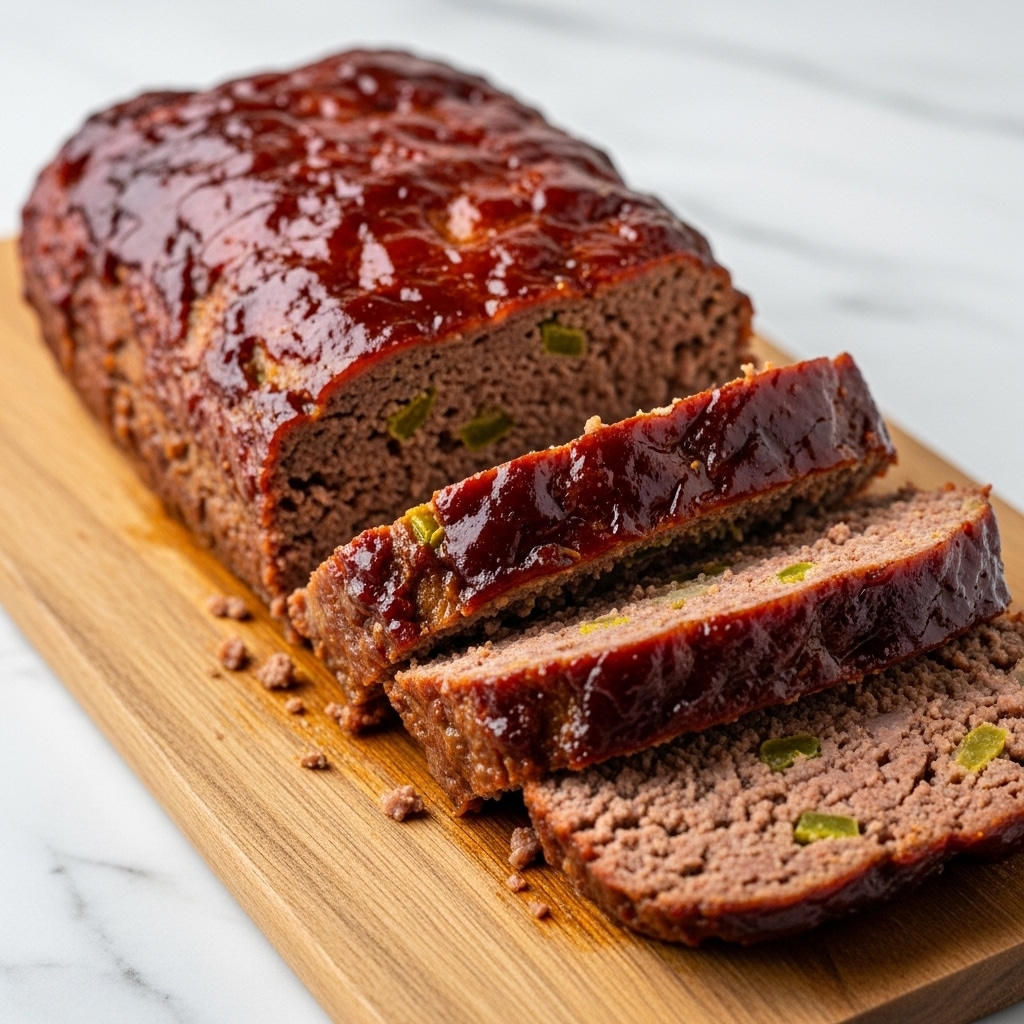 A loaf of meatloaf sliced into five thick pieces sits on a wooden cutting board. The meatloaf has a rich, dark brown glaze covering the top layer, which looks shiny and slightly sticky. Inside, the meat is a mix of cooked ground beef with small bits of onion and green pepper visible throughout, showing a moist and well-mixed texture. The cutting board rests on a white marbled surface that contrasts with the deep reddish-brown and grayish colors of the meatloaf. Photo taken with an iphone --ar 4:5 --v 7