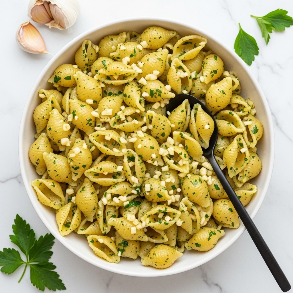 A white bowl filled with many pieces of shell pasta mixed with chopped green herbs, giving the pasta a light green speckled look. The pasta has a soft yellow color and appears cooked with a slight shine. Pieces of minced garlic are visible spread evenly on the pasta. A black spoon is placed inside the bowl, slightly lifting some pasta. The bowl rests on a white marbled surface with two garlic cloves and some fresh green herb leaves placed nearby. photo taken with an iphone --ar 4:5 --v 7