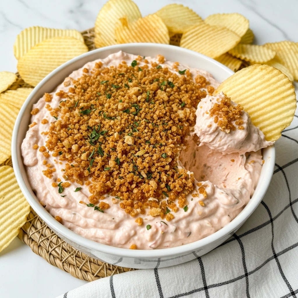 The image shows a white bowl filled with a creamy, light pink dip that has a thick and slightly chunky texture. The surface of the dip is topped with a generous layer of golden-brown crispy crumbs sprinkled with small green herb flakes, giving it a crunchy look on top. Around the bowl on a white marbled surface, there are several large pale yellow ridged potato chips, one of which is holding a scoop of the dip, showing the dip's creamy texture against the chip's roughness. The bowl is set on a woven straw mat, and a white cloth with a black grid pattern is partially visible in the foreground. Photo taken with an iphone --ar 4:5 --v 7