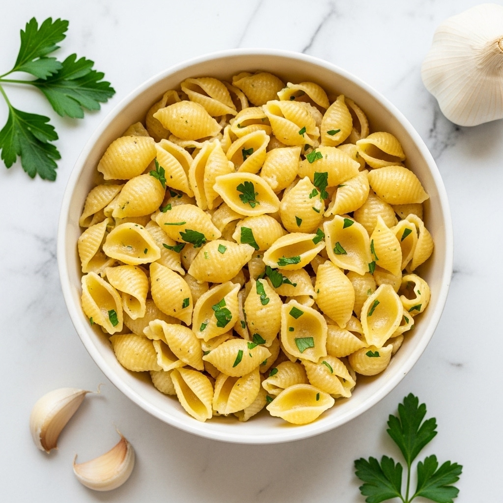 A white bowl filled with one layer of small shell pasta, cooked to a soft yellow color, lightly coated with tiny green chopped herbs scattered evenly throughout the pasta shells. The pasta has a smooth texture with some ridges visible on the shells. Around the bowl are some garlic cloves and green parsley leaves on a white marbled surface background. Photo taken with an iphone --ar 4:5 --v 7