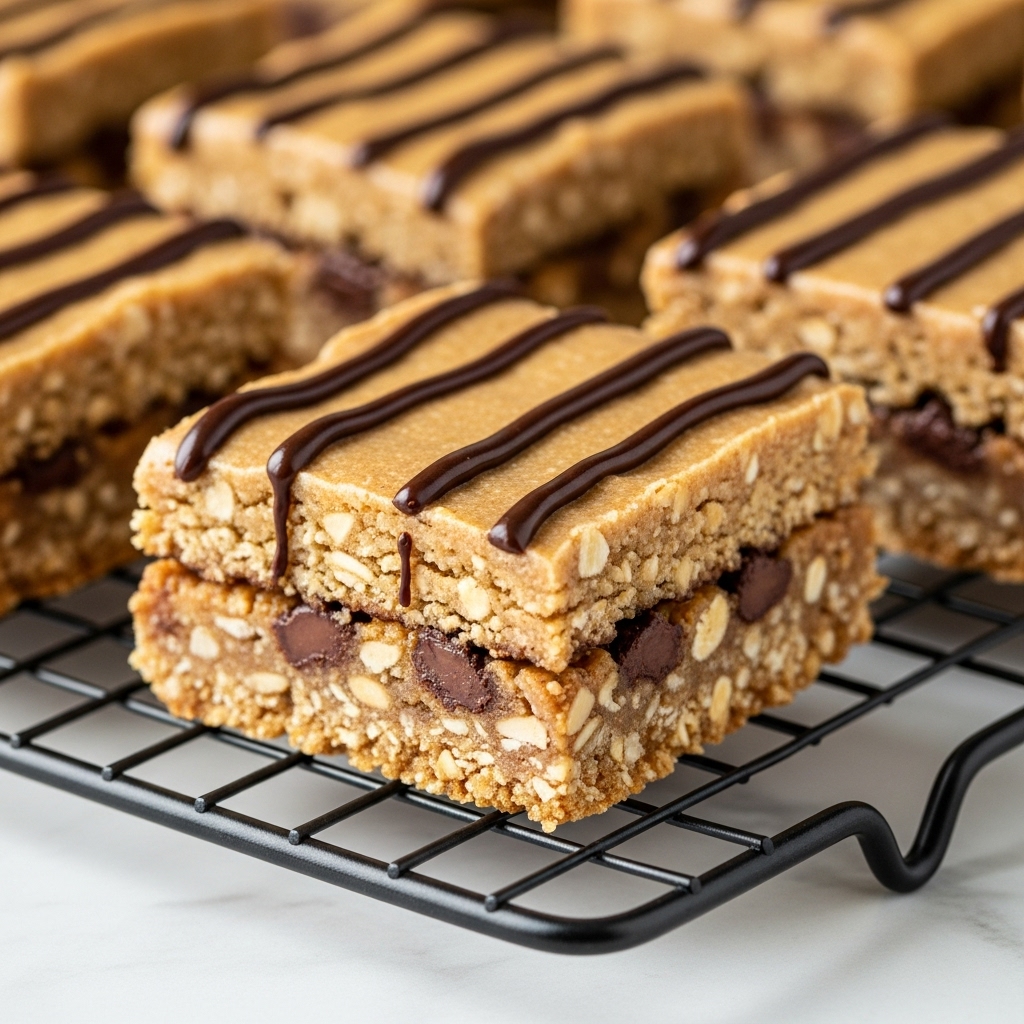 The image shows square-shaped dessert bars on a black wire cooling rack placed on a white marbled surface. Each bar has two layers: a thick, crumbly light brown base with visible oats and chocolate chip pieces embedded inside, and a top layer decorated with three dark brown, glossy chocolate drizzle lines running lengthwise. The edges of the bars show a textured, slightly rough surface, emphasizing their chewy and soft texture. The focus is on the front two bars, with the background bars softly blurred. Photo taken with an iphone --ar 4:5 --v 7