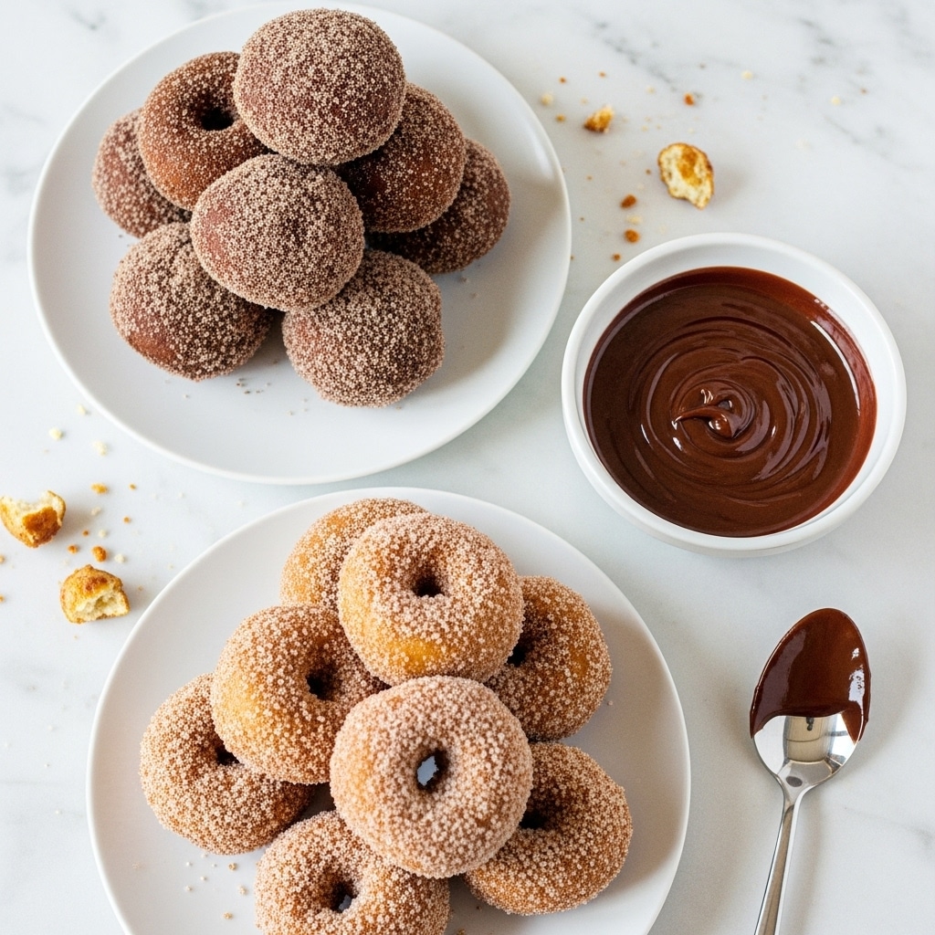 The image shows two white plates stacked with round donut holes, each plate holding a different type. The top plate has dark brown donut holes coated in a cinnamon sugar layer with a rough texture, stacked in a loose pile. Below, the second plate holds donut holes covered in a lighter cinnamon sugar with a sandy texture, also loosely stacked. To the right of the plates, there is a white bowl filled with smooth chocolate sauce, and a spoon dipped in the sauce lies next to the bowl on a white marbled surface. Scattered donut holes and crumbs add casual detail around the plates. Photo taken with an iphone --ar 4:5 --v 7