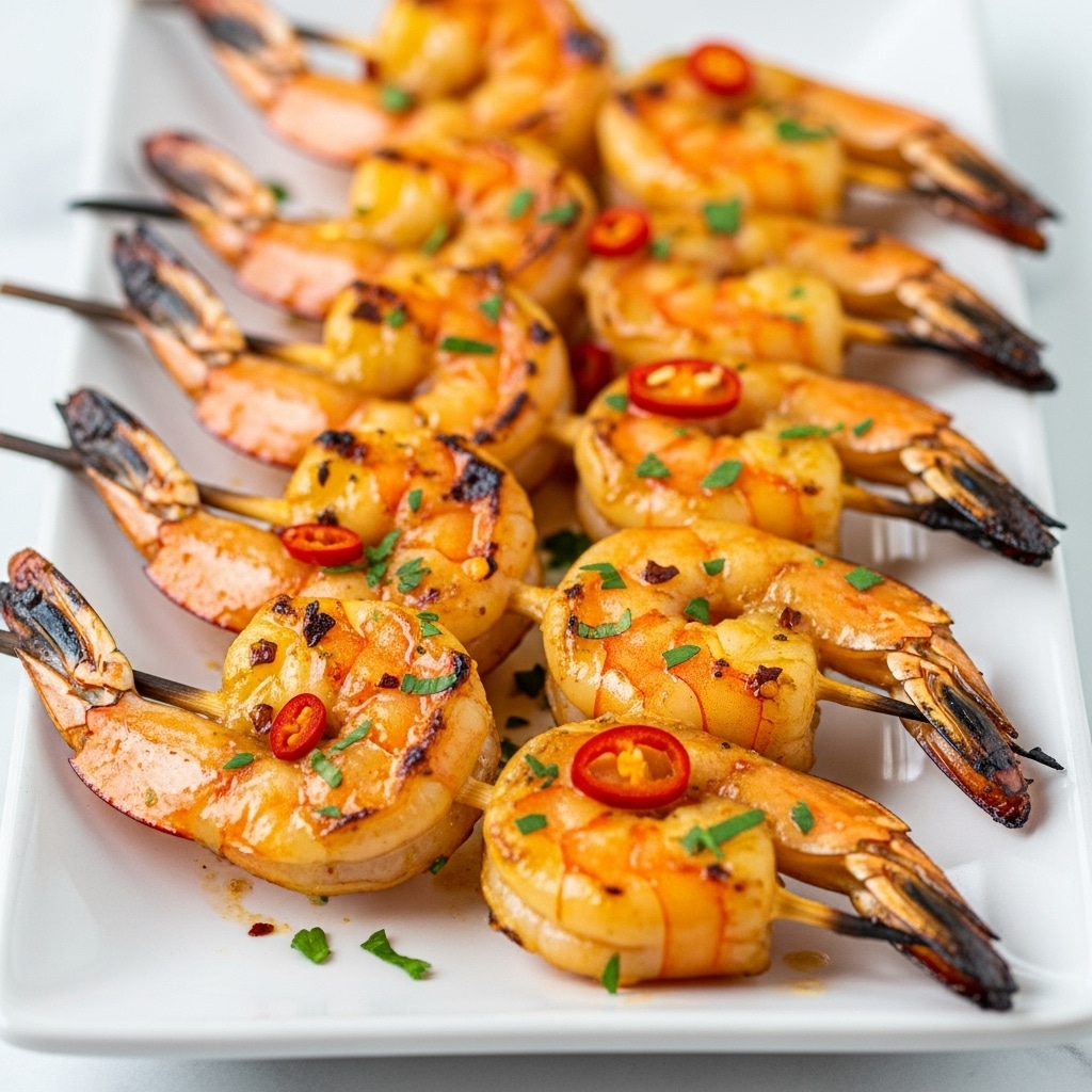 The image shows several grilled shrimp skewers arranged closely on a long, white rectangular plate placed on a white marbled surface. Each skewer holds plump shrimp with a golden-orange color and slightly charred edges, coated in a glistening marinade with visible small pieces of red chili flakes and herbs sprinkled on top. The shrimp have a shiny, oily texture that catches the light, and green chopped herbs are scattered around the shrimp and on the plate, adding fresh bursts of color. The scene captures a close-up view, highlighting the juicy and well-seasoned look of the shrimp. photo taken with an iphone --ar 4:5 --v 7