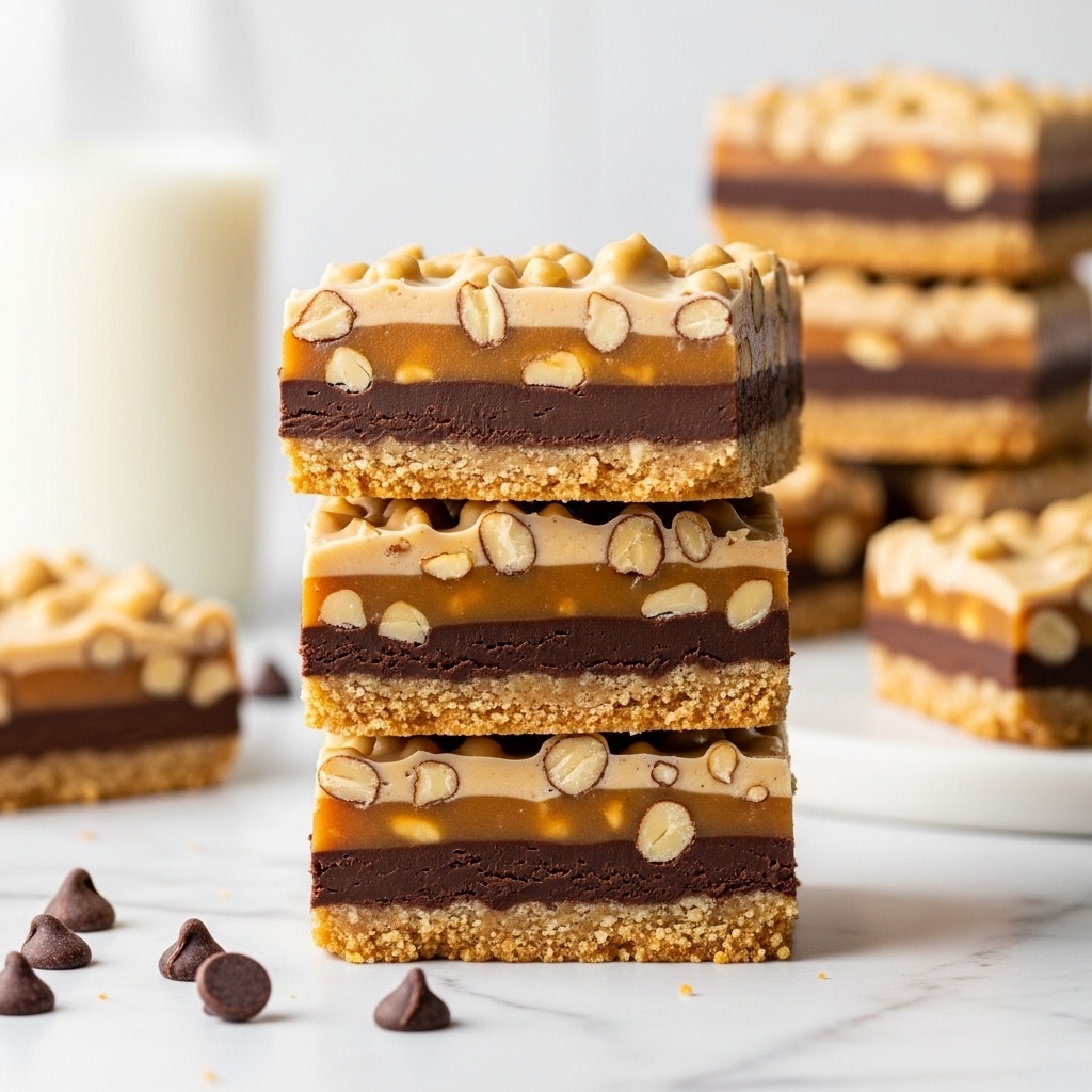 The image shows a stack of three dessert bars with four clear layers. The bottom layer is a golden brown crumbly crust. Above it is a thick, rich dark brown chocolate layer. The next layer is a smooth, creamy caramel color mixed with light tan nuts, giving it a textured look. The top layer is a shiny, light beige coating with more caramel and nuts scattered across the surface. In the background, there is a blurred stack of similar bars and a glass of milk, all placed on a white marbled surface. Some chocolate chips are scattered at the front. photo taken with an iphone --ar 4:5 --v 7