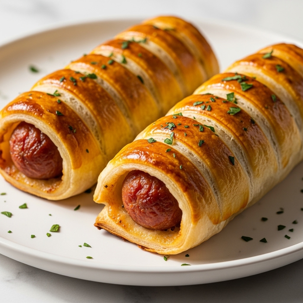 The image shows four golden-brown sausage rolls placed closely together on a white plate. Each roll has a crispy, flaky puff pastry exterior with visible layers, wrapped tightly around a browned, juicy sausage filling seen at both ends. Small green parsley leaves are sprinkled on top and around the rolls, adding a fresh pop of color. In the blurred background, there are two glasses of orange juice and a black bowl of white sauce with green herbs sprinkled on it, all set on a white marbled surface. The lighting highlights the glossy texture of the pastries and the rich colors of the sausages, making the dish look warm and appetizing. photo taken with an iphone --ar 4:5 --v 7