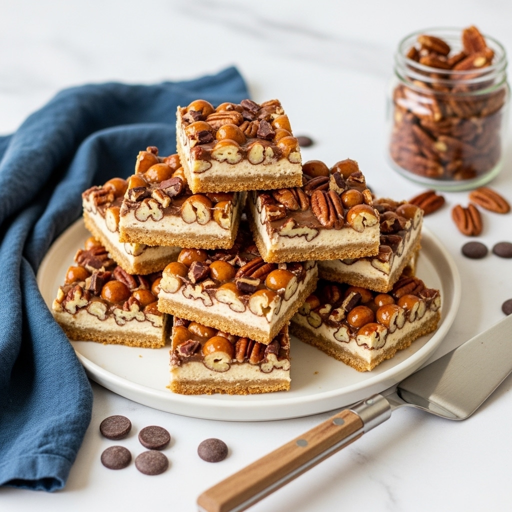 The image shows a white round plate stacked with eight square pieces of a bar dessert, each piece having a golden-brown crust with slightly darker edges, topped with a light creamy layer embedded with many round light brown nuts and darker pecan pieces. The bars have a glossy, slightly melted look on top, revealing a textured mix of nuts and chocolate pieces. The plate is placed on a white marbled surface next to a folded dark blue cloth napkin on the left side. Scattered around are small, round chocolate discs, and to the right, a small glass jar filled with pecans is partially visible. A metal spatula with a wooden handle rests diagonally at the bottom right corner of the plate. photo taken with an iphone --ar 4:5 --v 7