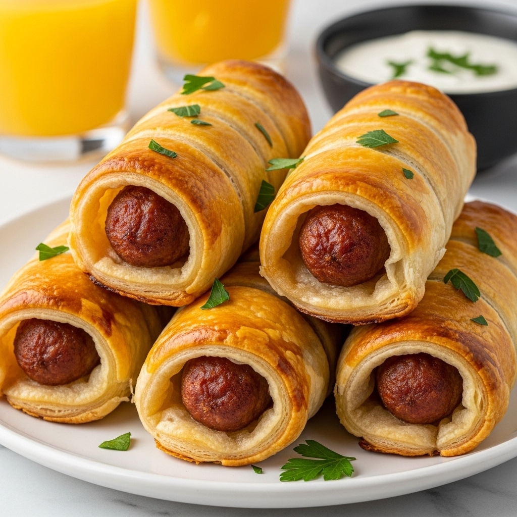 Three golden-brown sausage rolls lie side by side on a white plate, each roll showing a shiny, slightly crispy pastry layer wrapped tightly around a juicy, cooked sausage with a rich brown color inside. The pastry has visible grill marks and a glossy surface with small green herb pieces sprinkled on top and around the plate, which sits on a white marbled texture. Light shines on the rolls, highlighting the contrast between the crispy outer layer and the tender sausage inside, making the dish look warm and fresh. Photo taken with an iphone --ar 4:5 --v 7