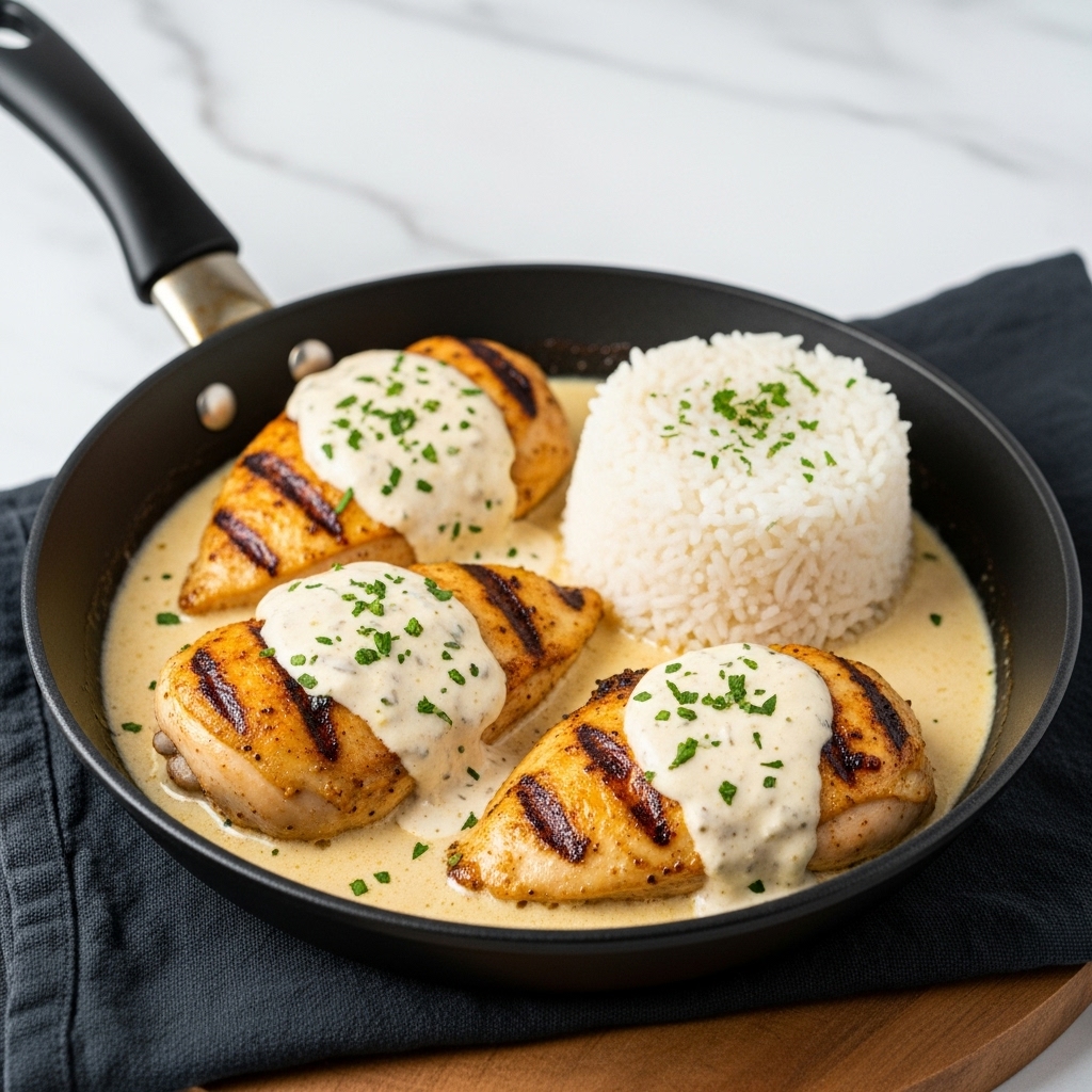 The dish shows a black cast iron skillet filled mostly with a white layer of fluffy cooked rice. On top, there are five pieces of golden brown grilled chicken thighs, each thick with a crispy, slightly charred crust. The chicken is generously covered in a creamy light beige sauce mixed with finely chopped green herbs and small bits of what looks like bacon or spices. The sauce spreads over the chicken and seeps slightly onto the rice. The skillet rests on a wooden surface with a silver fork nearby and a small wooden bowl of green herbs blurred in the background. photo taken with an iphone --ar 4:5 --v 7
