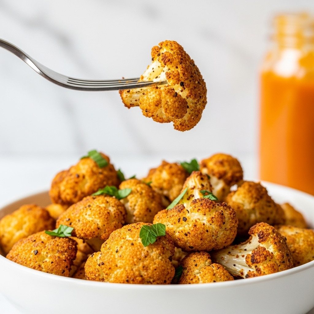 A close-up of a white bowl filled with golden brown cauliflower pieces that are seasoned and slightly crispy, garnished with small bits of chopped green herbs. A fork holds one cauliflower piece above the bowl, showing its textured surface with specks of seasoning. The background is a white marbled texture with a blurred jar of orange sauce on the right side. photo taken with an iphone --ar 4:5 --v 7