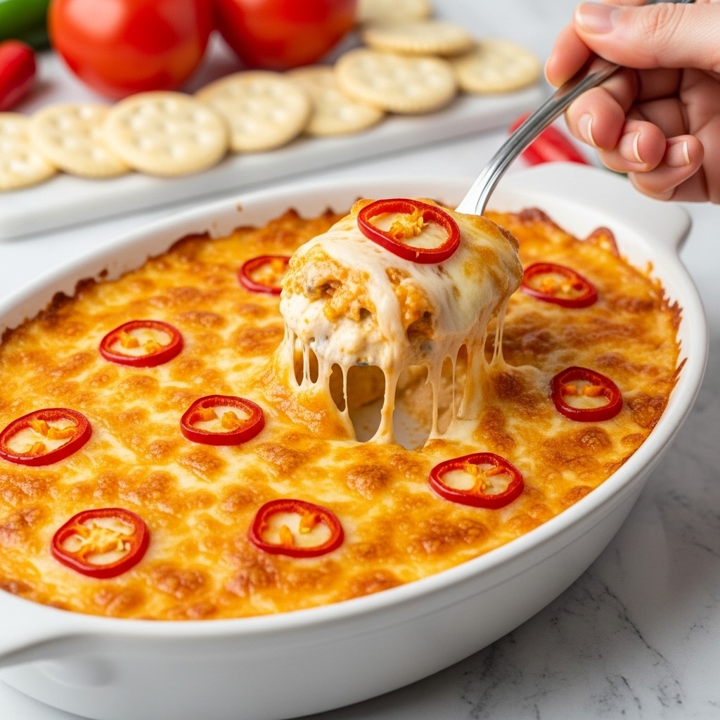 A white oval dish holds a cheesy baked dip with a golden-brown top layer of melted cheese, dotted with bright red chili slices. The dip has at least two visible layers: a creamy, light yellow base layer beneath the cheesy crust. A spoon lifts a portion from the center, showing the gooey, stretchy texture of melted cheese within. A woman's hand holds the spoon, and in the blurred background, red tomatoes and cream-colored crackers sit on a white marbled surface. photo taken with an iphone --ar 4:5 --v 7