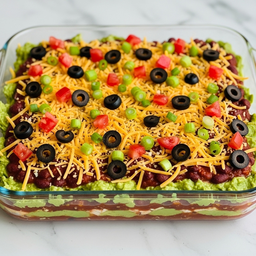The image shows a square clear glass dish with a layered dip inside, placed on a white marbled surface. The top layer is covered with shredded orange cheddar cheese, scattered black olive rings, small chopped red tomatoes, and finely chopped green onions evenly spread. Beneath this, a thick layer of creamy green guacamole is visible, followed by a white sour cream layer. At the bottom is a light brown, possibly crushed chip or tortilla base. A section is missing from the dish, revealing all the layers clearly. Photo taken with an iphone --ar 4:5 --v 7