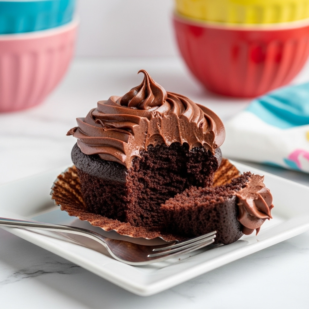 The image shows a moist, dark chocolate cupcake with rich, glossy chocolate frosting swirled on top. The cupcake is placed on a square white plate, with a bite taken out of it revealing its soft, crumbly inside. A silver fork rests on the plate in front of the cupcake. In the background, there are brightly colored bowls, and the whole scene sits on a white marbled surface. Photo taken with an iphone --ar 4:5 --v 7