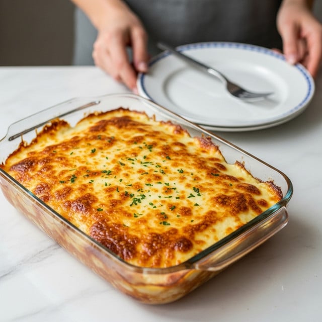 The image shows a baked dish in a clear glass rectangular casserole dish filled with a thick layer of melted golden brown cheese on top. The cheese layer is bubbly and slightly browned with some small green herbs sprinkled sparsely. The dish is placed on a white marbled surface. Next to the dish, there is a white plate with a simple blue pattern on the rim and a metal fork resting on it. In the background, a woman's hand can be seen reaching towards the dish. The lighting is soft and natural, highlighting the texture and color of the melted cheese. Photo taken with an iphone --ar 4:5 --v 7