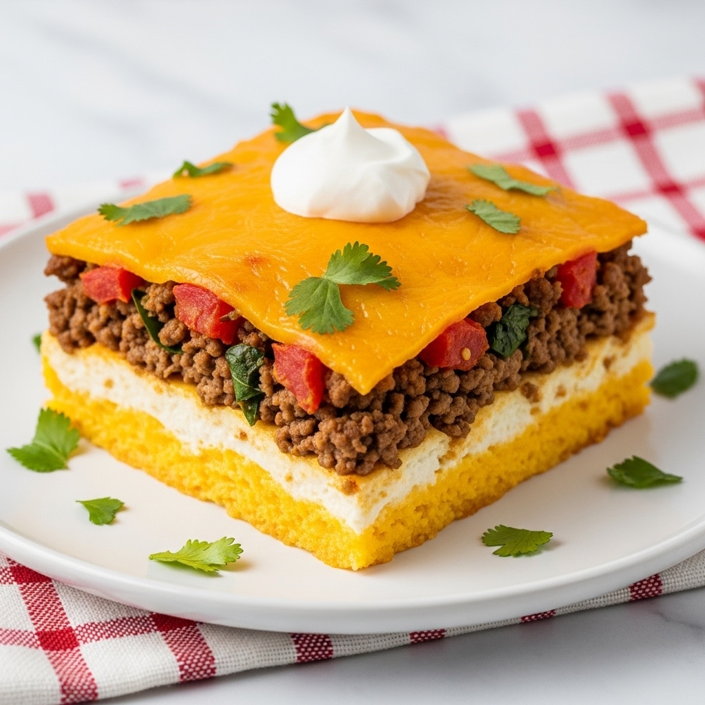 The image shows a square piece of layered casserole on a plain white round plate, placed on a white marbled surface with a red and white checkered cloth nearby. The bottom layer is a smooth, bright yellow cheese sauce that looks creamy. Above this, there is a thick layer of cooked ground beef mixed with small pieces of red tomato and green herbs. On top of the beef layer, there is a melted layer of golden yellow cheddar cheese, slightly bubbled at the edges. The casserole is garnished with a small dollop of white sour cream on the very top center and sprinkled with finely chopped fresh green cilantro leaves around it. The lighting highlights the moist texture of the layers. Photo taken with an iphone --ar 4:5 --v 7