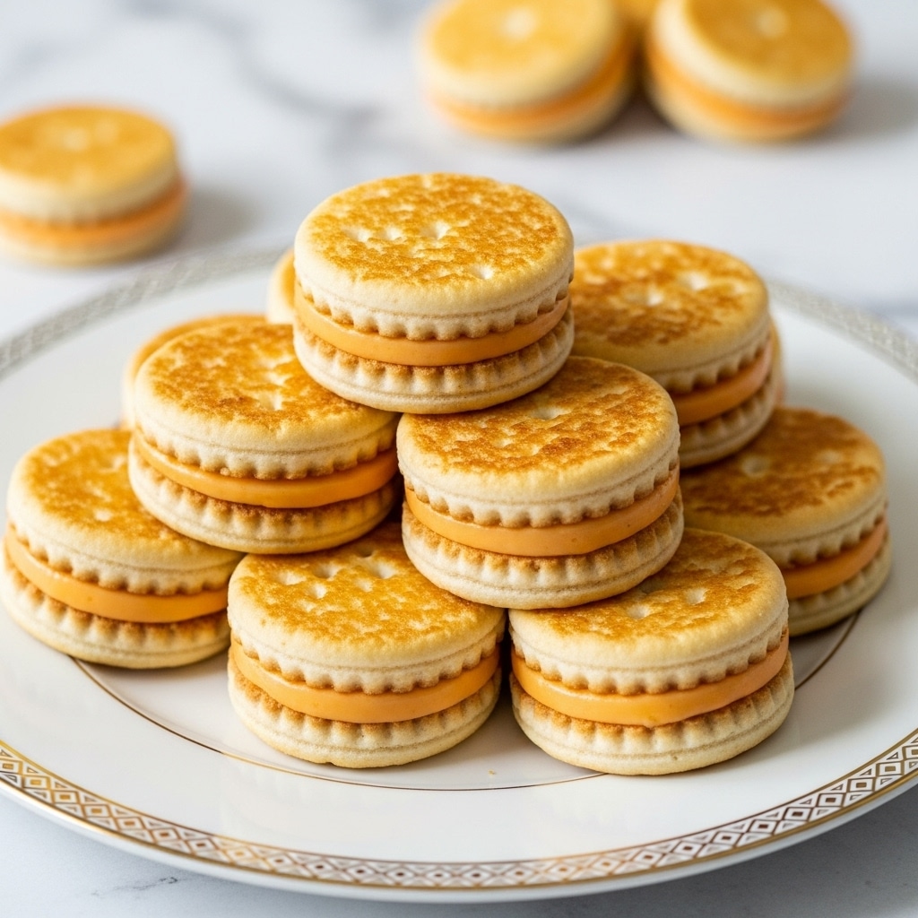 A white plate with a gold patterned edge holds a neat pyramid of ten small sandwiches. Each sandwich has two golden-brown toasted biscuit layers with a smooth light orange cheese slice in the middle, slightly melted. The top biscuit layers have a light crispy texture and some small browned spots from toasting. The background shows blurred yellow biscuits on a white marbled surface. photo taken with an iphone --ar 4:5 --v 7
