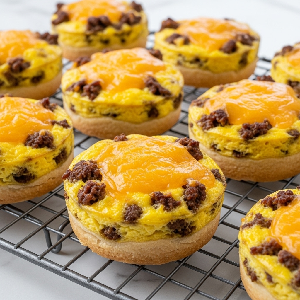 The image shows several small, round mini quiches cooling on a wire rack. Each quiche has a golden brown crust forming the base and sides, holding a filling with layers of scrambled eggs and browned ground meat mixed throughout. The top of each mini quiche is covered with melted yellow cheese that looks slightly bubbly and soft. The background is a kitchen counter, but the surface is changed to a white marbled texture. photo taken with an iphone --ar 4:5 --v 7