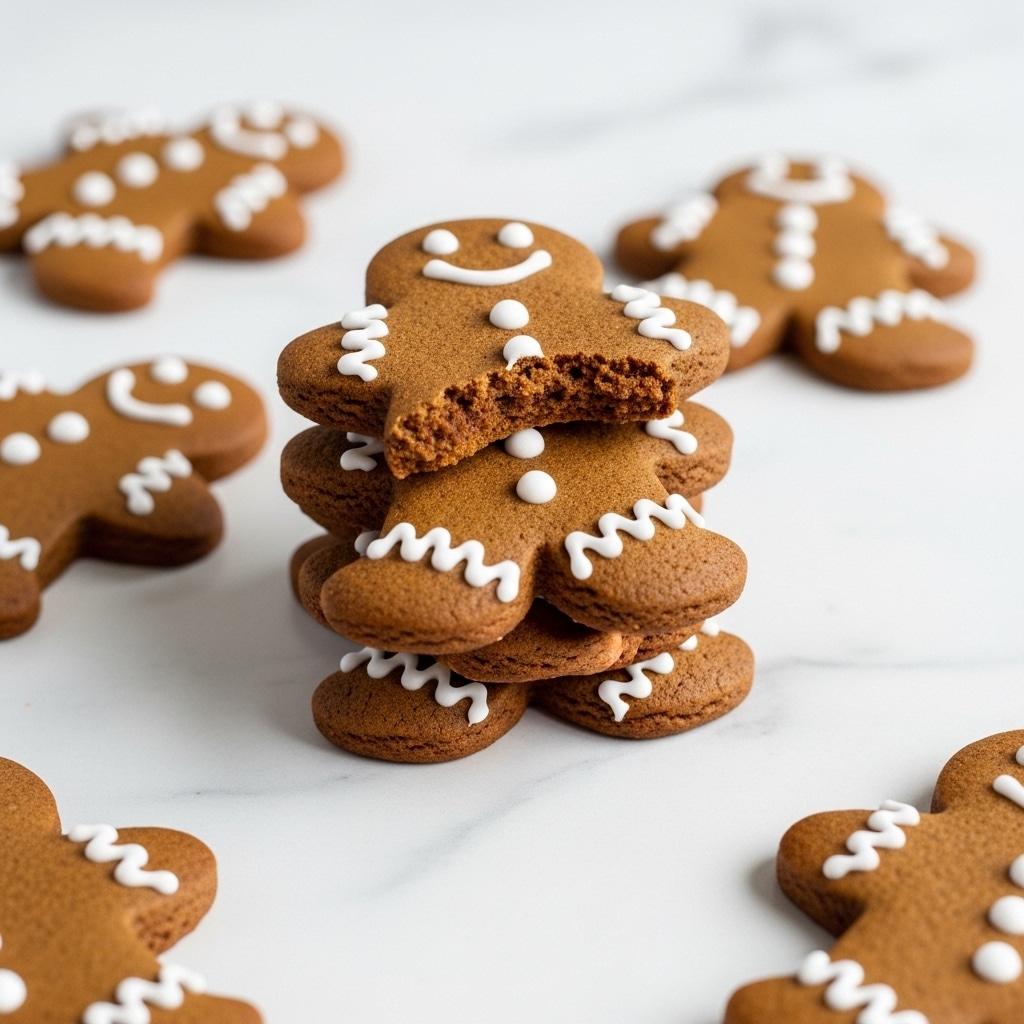 A stack of four gingerbread cookies shaped like gingerbread people sits on a white marbled surface, each cookie brown with a slightly rough texture and decorated with white icing in the form of smiling faces, buttons, and zigzag lines on the arms and legs. The top cookie has a bite taken out of its right leg, revealing its moist and crumbly inside. Around the stack, there are a few more gingerbread cookies with similar white icing decorations scattered on the surface. The warm lighting highlights the cookies' textured surface and icing details. photo taken with an iphone --ar 4:5 --v 7